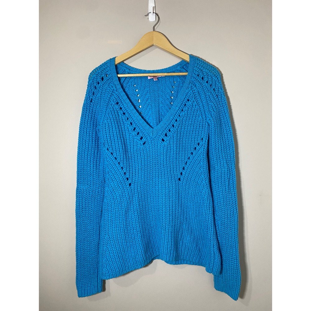 Calypso St. Barth Blue‎ 100% Wool Chunky Pointelle V-Neck Sweater Womens Medium